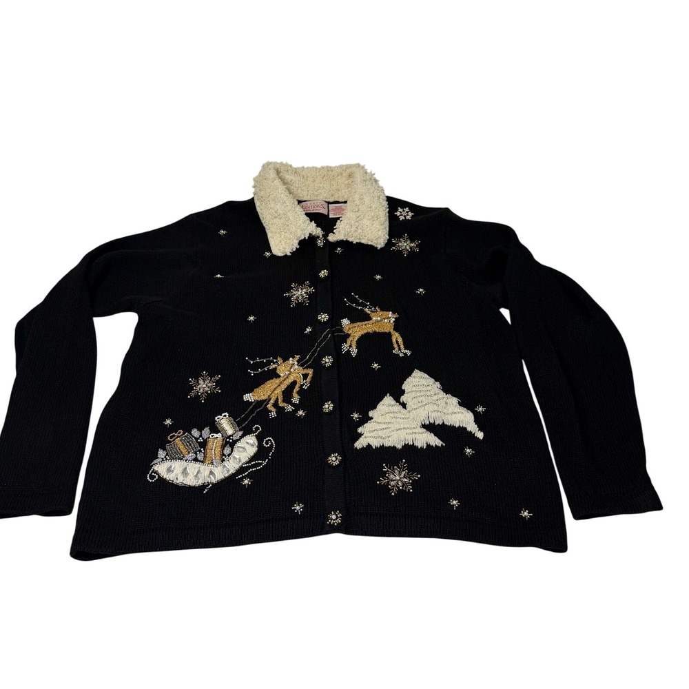 Basic Editions Beaded Reindeer Sleigh Cardigan Black Christmas  Womens XL